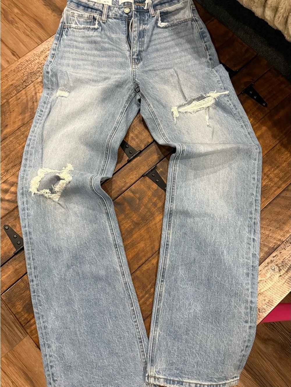 Leona by Vervet Light Blue distressed super high rise stretch straight jeans - Picture 3 of 5